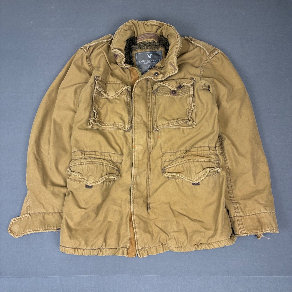 Y2K American Eagle Brown Military Utility Fur Lined Jacket Men's Size Small